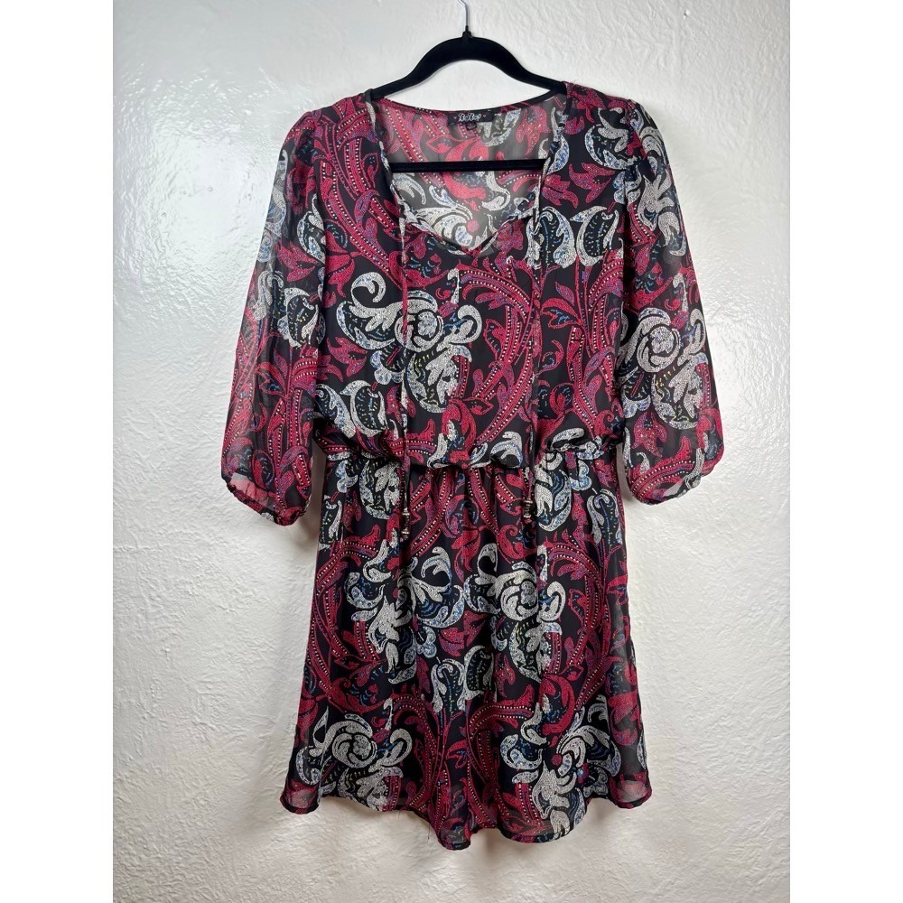 BeBop Paisley Mini Dress Large Black Red Chiffon Boho Hippie Retro Whimsigoth